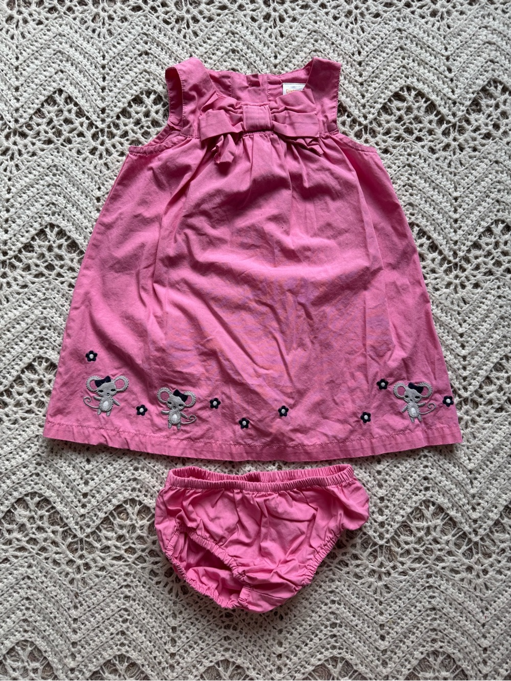 Gymboree Y2K Pink Mouse Embroidered Outfit Dress Diaper Cover 12-18 month